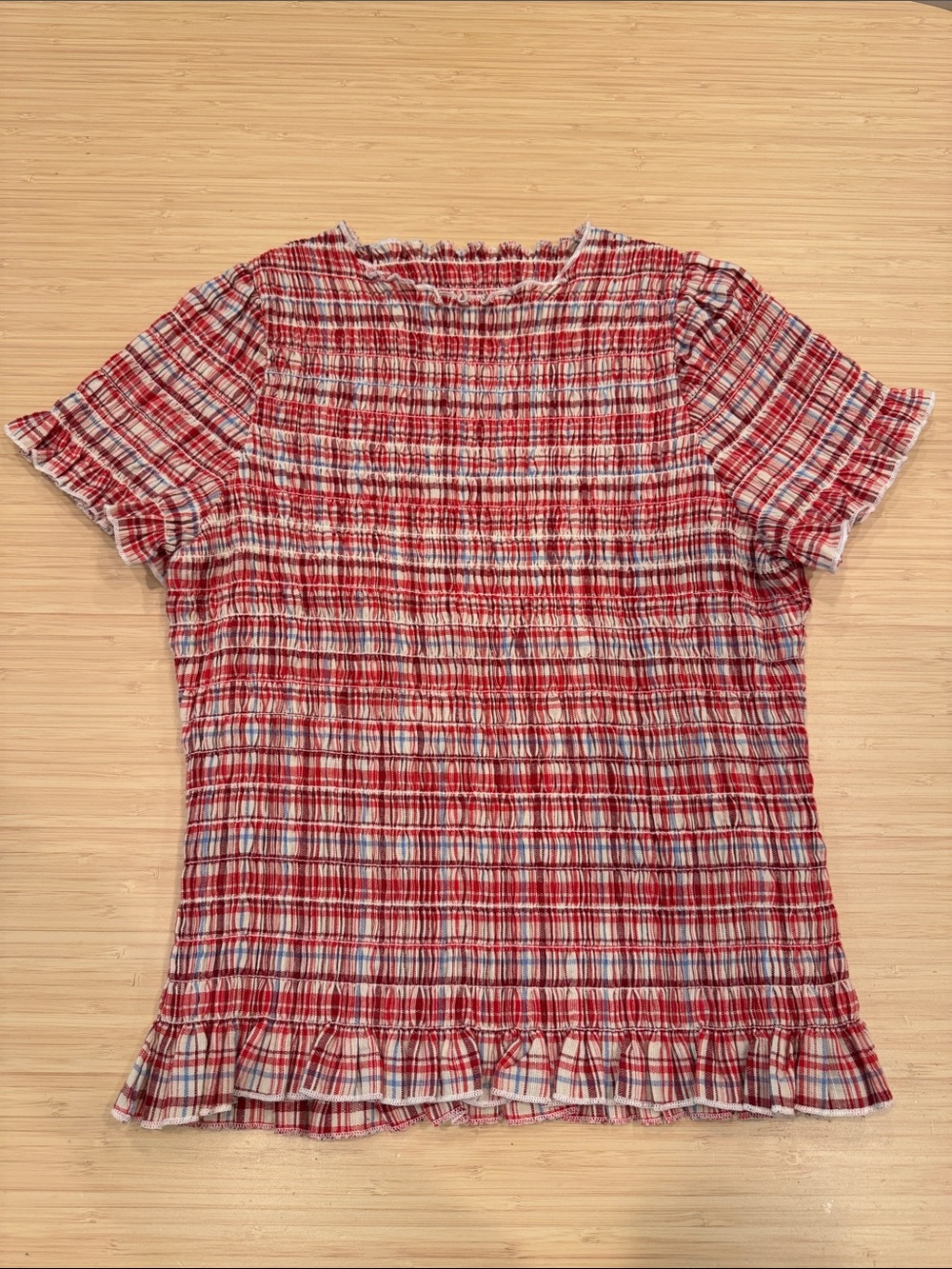 Apres Studio Ruched Tee, Strawberry Plaid, Size M